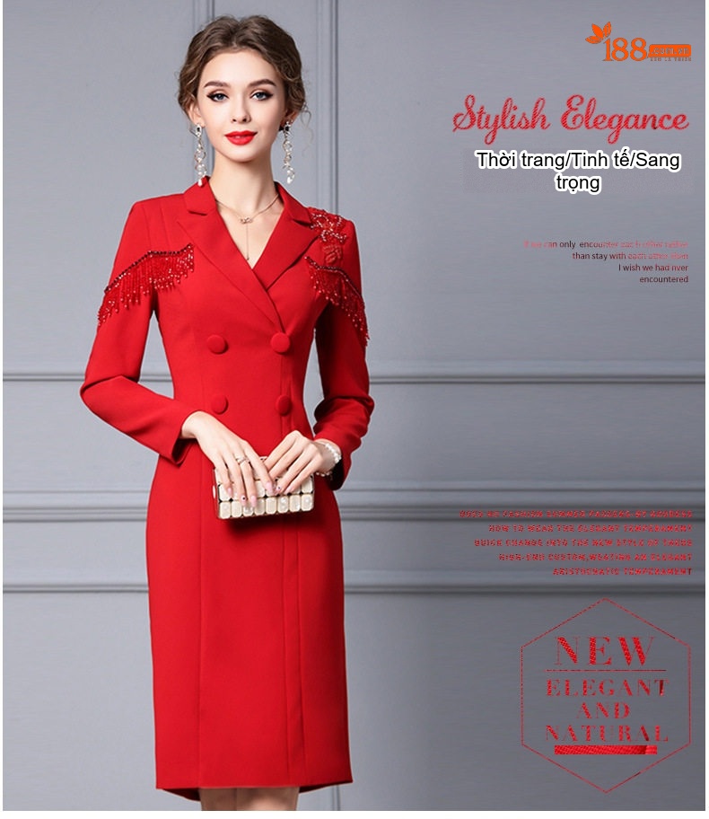 Váy Đầm Công Sở Nữ Dáng Ôm Tay Dài Cổ chữ Vest Đính Hạt Màu Đỏ chi tiết 17