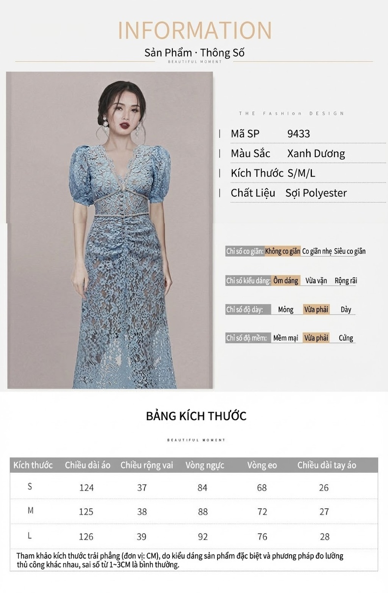 Váy Đầm Dạ Hội Pháp Ren Nữ Tay Ngắn Phong Cách Châu Âu Xanh Lam chi tiết 1