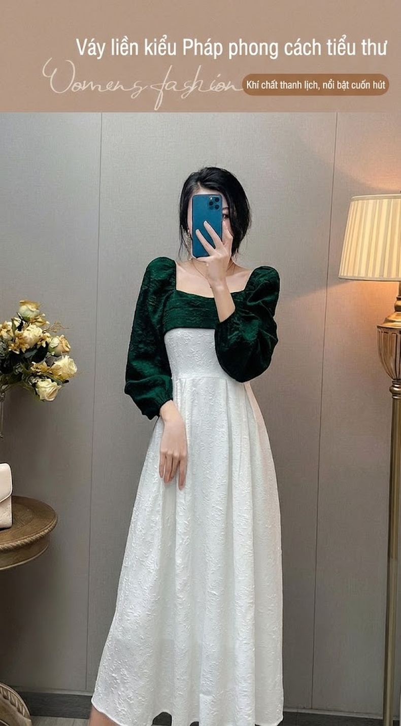 Váy Đầm Dài Nữ Chữ A Cổ chữ Vuông Tay Bồng Thiết Kế Tôn Dáng Màu Trắng, Xanh Lá chi tiết 1