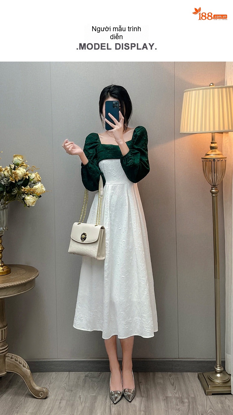Váy Đầm Dài Nữ Chữ A Cổ chữ Vuông Tay Bồng Thiết Kế Tôn Dáng Màu Trắng, Xanh Lá chi tiết 5