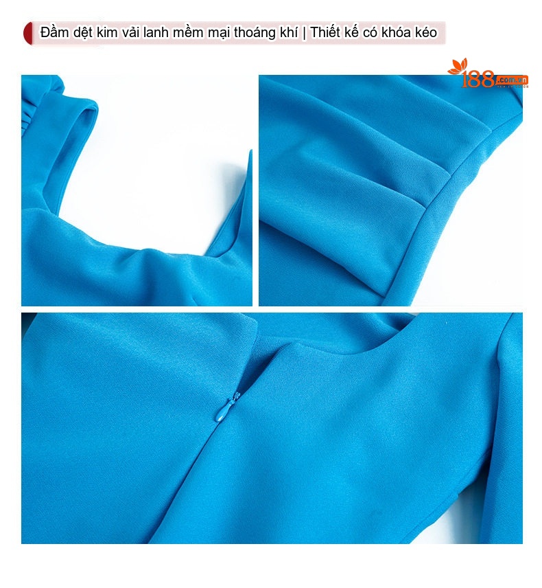 Váy Đầm Dáng Dài Tay Dài Cổ chữ Vuông Xẻ Tà Phong Cách Pháp Màu Vàng, Xanh Dương chi tiết 6