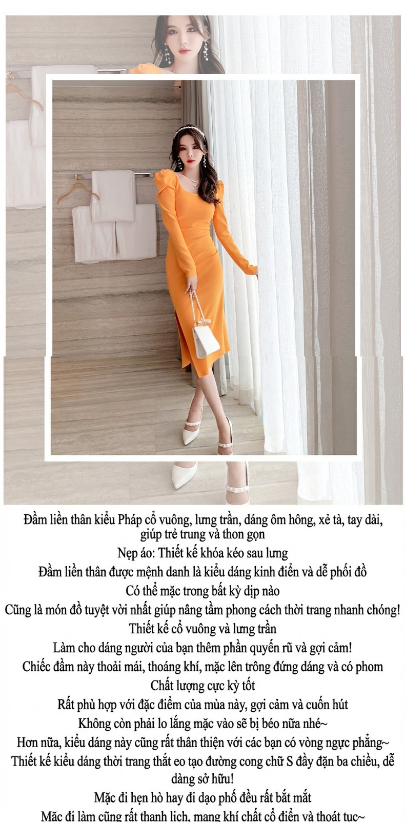 Váy Đầm Dáng Dài Tay Dài Cổ chữ Vuông Xẻ Tà Phong Cách Pháp Màu Vàng, Xanh Dương chi tiết 1