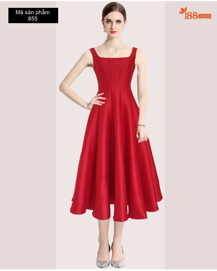 Váy Đầm Dáng Xòe Hai Dây Phong Cách Hepburn Cổ Điển Màu Trắng, Đen, Đỏ, Hồng chi tiết 8