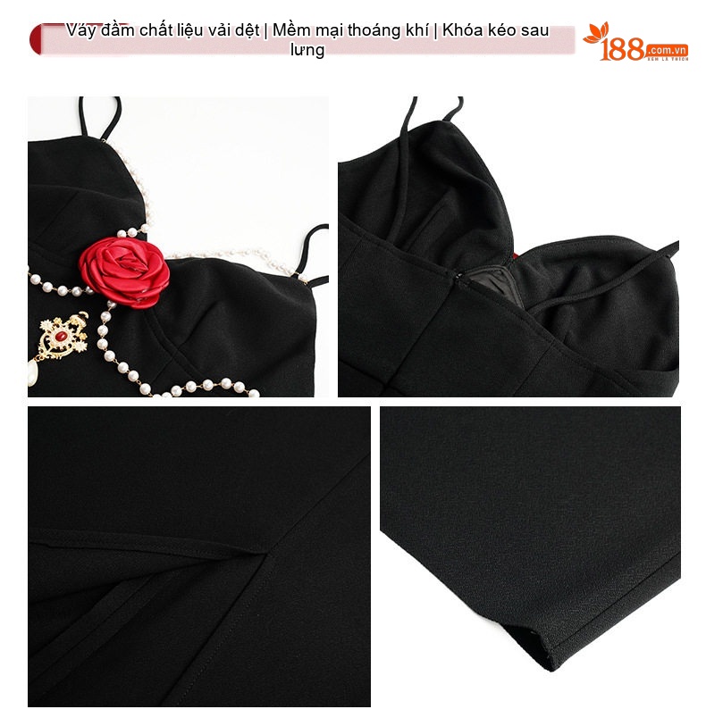 Váy Đầm Dây Nữ Dự Tiệc Dáng Ôm Xẻ Tà Trang Trí Hoa Hồng Phong Cách Quý Phái Màu Đen chi tiết 3