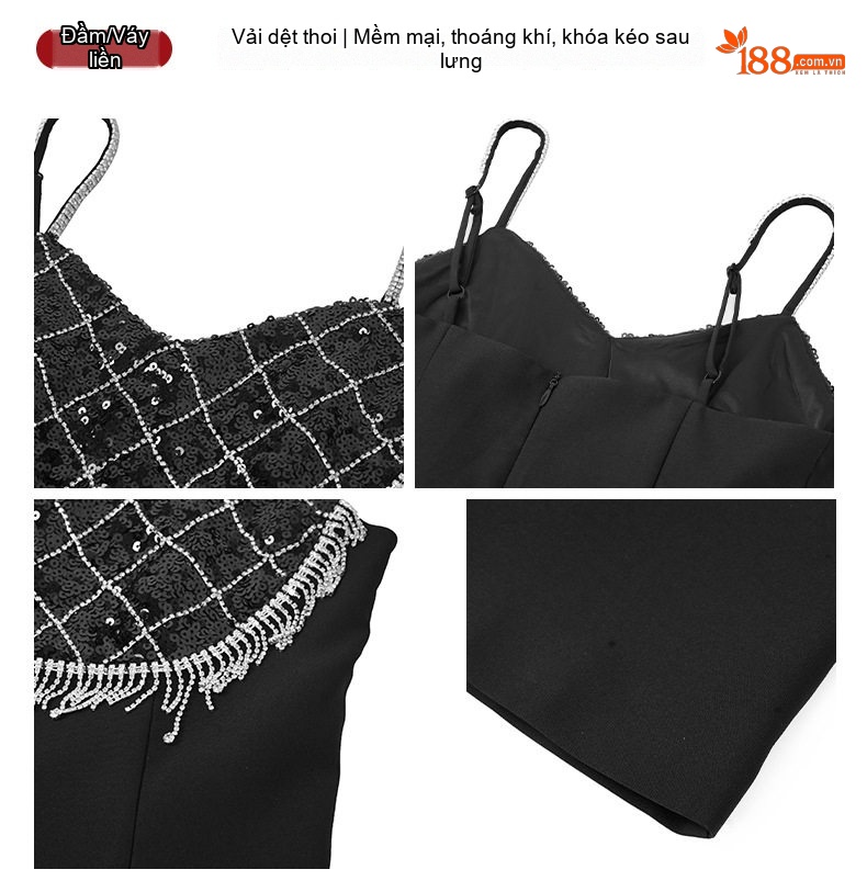 Váy Đầm Dự Tiệc Mini Thiết Kế dáng chữ A Thắt Eo Đính Đá Màu Đen chi tiết 3