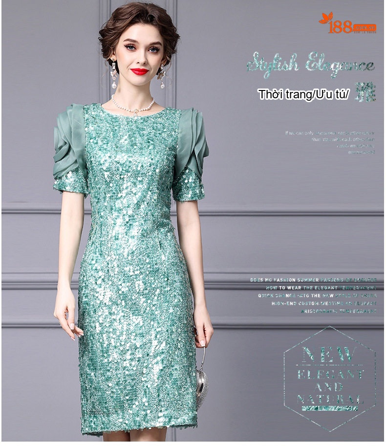 Váy Đầm Dự Tiệc Nữ Cao Cấp Thiết Kế Lệch Tà, Đính Kim Sa Lấp Lánh, Tôn Dáng Màu Xanh Mint, Đen chi tiết 17