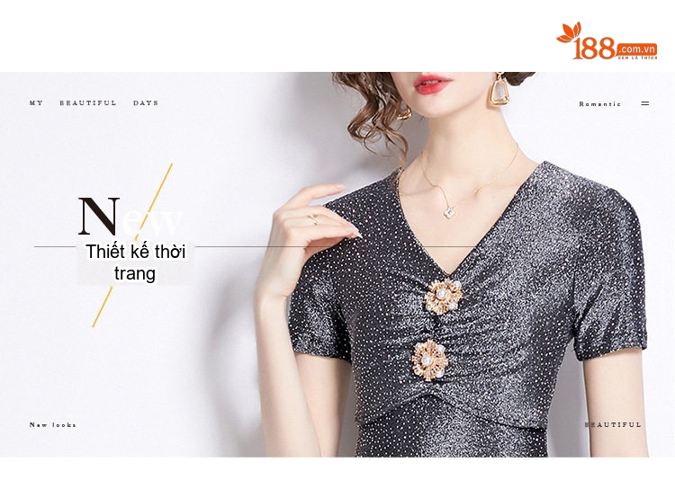 Váy Đầm Dự Tiệc Nữ Cổ chữ V Thắt Eo Đính Đá Kiểu Đuôi Cá Màu Xám chi tiết 2