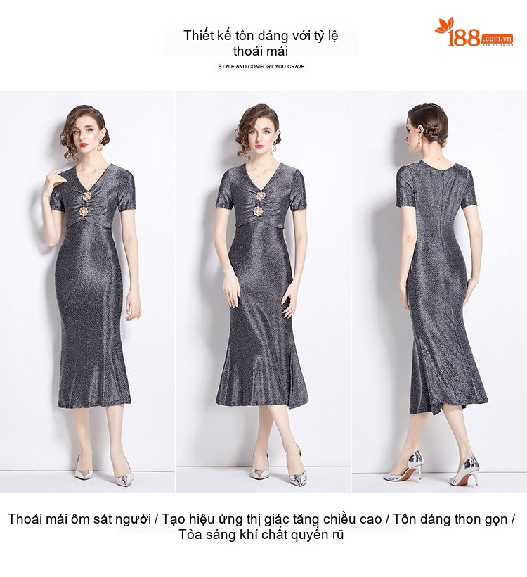 Váy Đầm Dự Tiệc Nữ Cổ chữ V Thắt Eo Đính Đá Kiểu Đuôi Cá Màu Xám chi tiết 8