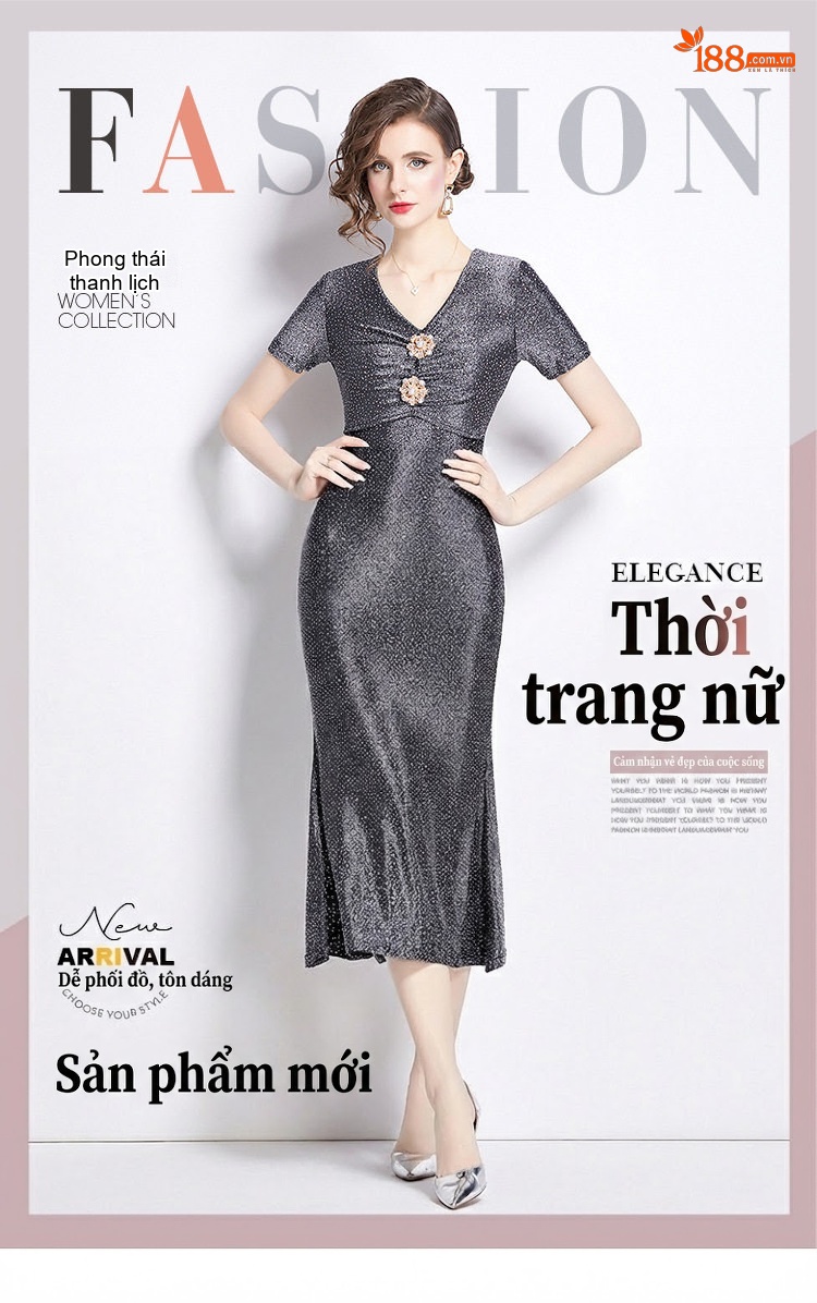 Váy Đầm Dự Tiệc Nữ Cổ chữ V Thắt Eo Đính Đá Kiểu Đuôi Cá Màu Xám chi tiết 1