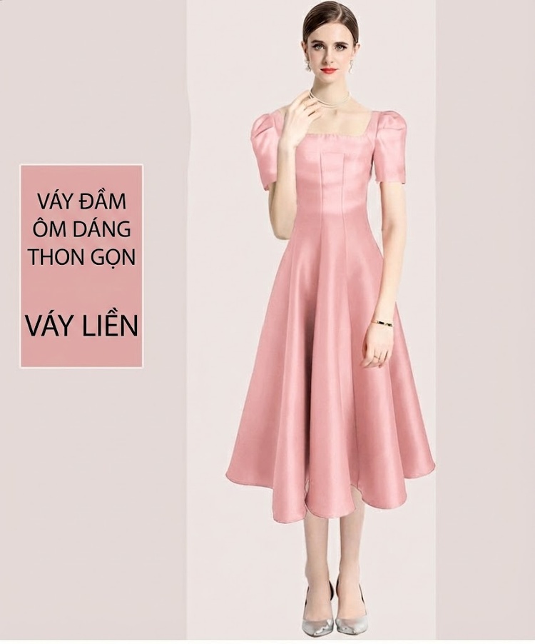 Váy Đầm Dự Tiệc Nữ Cổ chữ Vuông Tay Bồng Dáng Xòe Màu Hồng, Đen, Đỏ, Xanh Dương chi tiết 1
