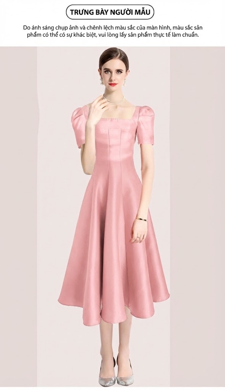 Váy Đầm Dự Tiệc Nữ Cổ chữ Vuông Tay Bồng Dáng Xòe Màu Hồng, Đen, Đỏ, Xanh Dương chi tiết 5