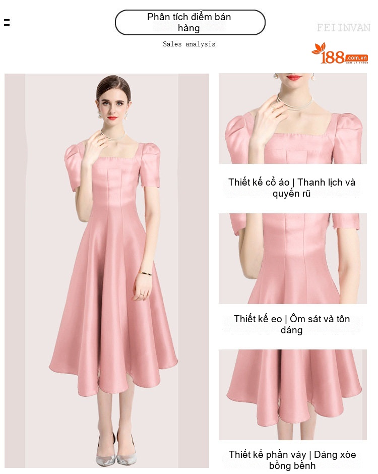 Váy Đầm Dự Tiệc Nữ Cổ chữ Vuông Tay Bồng Dáng Xòe Màu Hồng, Đen, Đỏ, Xanh Dương chi tiết 2