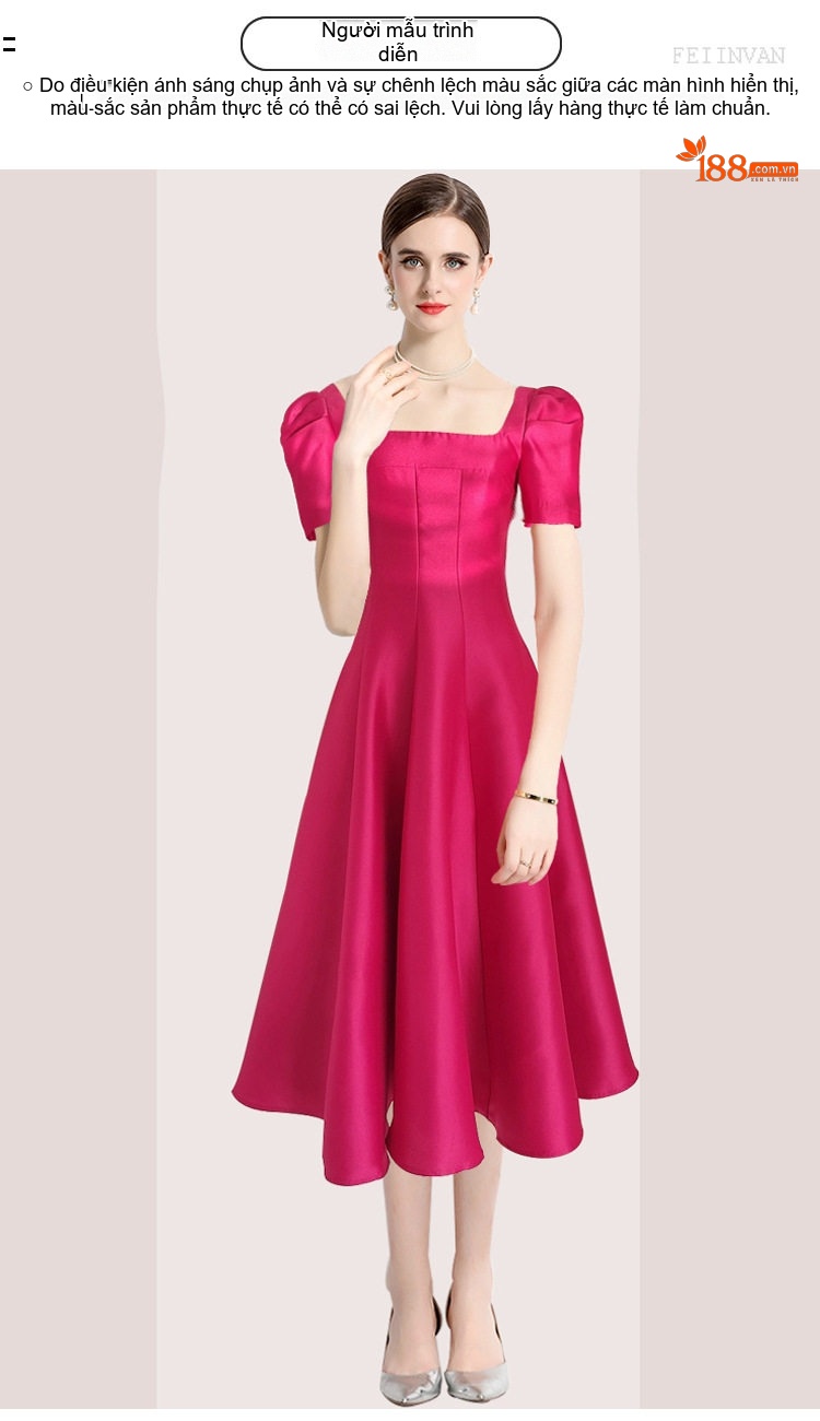 Váy Đầm Dự Tiệc Nữ Cổ chữ Vuông Tay Bồng Xòe dáng chữ A Màu Đỏ, Hồng, Đen, Xanh Dương