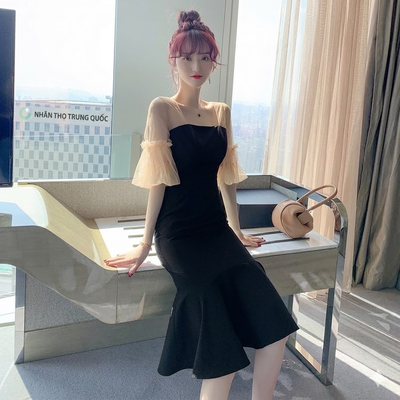 Váy Đầm Dự Tiệc Nữ Cổ chữ Vuông Tay Lồng Đèn Phối Lưới Dáng Ôm Đuôi Cá Màu Đen
