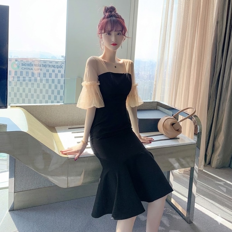 Váy Đầm Dự Tiệc Nữ Cổ chữ Vuông Tay Lồng Đèn Phối Lưới Dáng Ôm Đuôi Cá Màu Đen