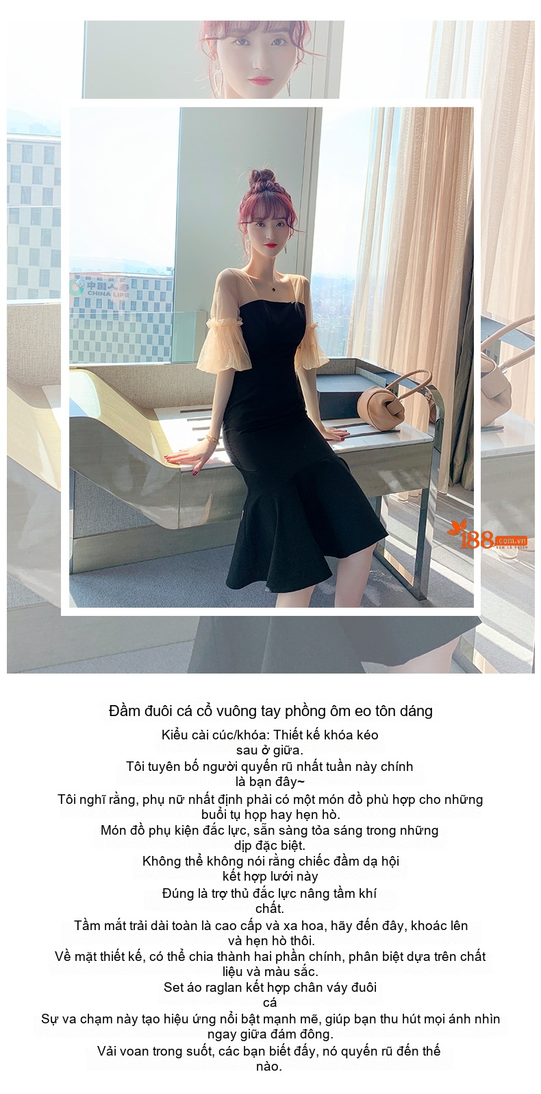 Váy Đầm Dự Tiệc Nữ Cổ chữ Vuông Tay Lồng Đèn Phối Lưới Dáng Ôm Đuôi Cá Màu Đen chi tiết 1