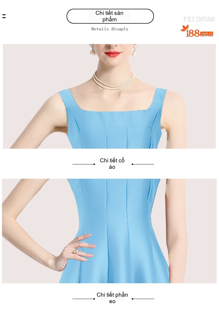 Váy Đầm Dự Tiệc Nữ Dáng Xòe Cổ chữ Vuông Dây Bản Lớn Màu Xanh Lam chi tiết 7