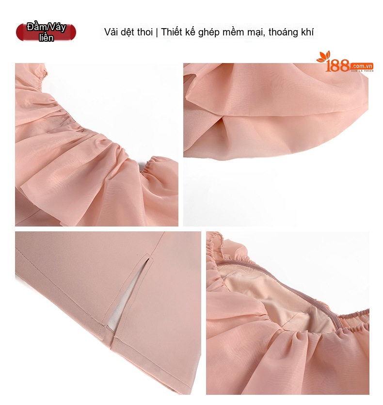 Váy Đầm Dự Tiệc Nữ Hở Vai Bèo Nhún Dáng Ôm Màu Hồng chi tiết 4
