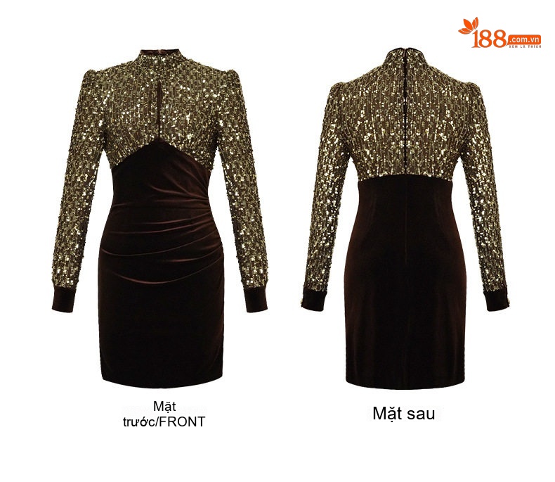 Váy Đầm Dự Tiệc Nữ Mini Tay Dài Nhung Lệch Tông Đính Kim Sa Màu Nâu, Vàng chi tiết 4
