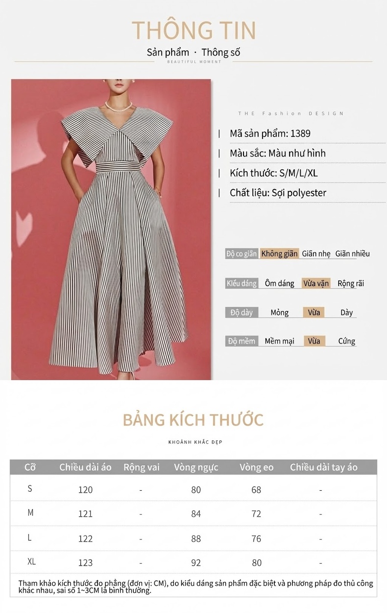 Váy Đầm Dự Tiệc Nữ Sọc Kẻ Cổ Lớn Tay Lỡ dáng chữ A Midi chi tiết 1