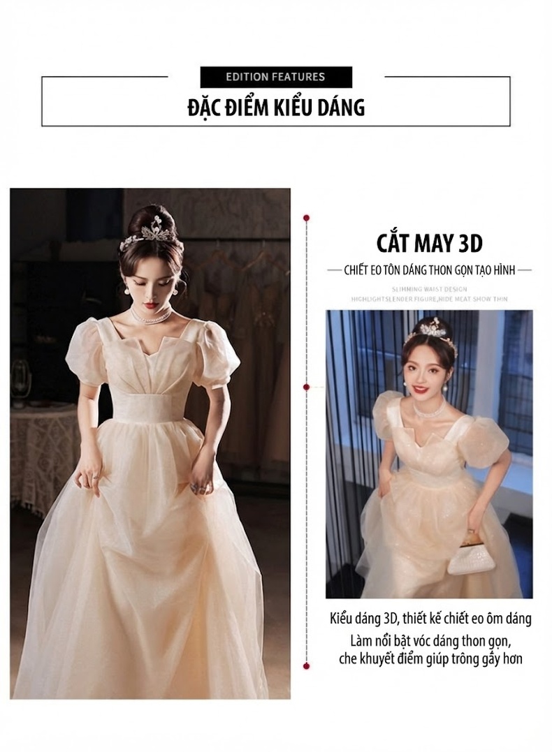Váy Đầm Dự Tiệc Nữ Tay Bồng Dáng Dài Thướt Tha Cho MC, Biểu Diễn Nghệ Thuật, Sinh Nhật Màu Kem, Đen chi tiết 2