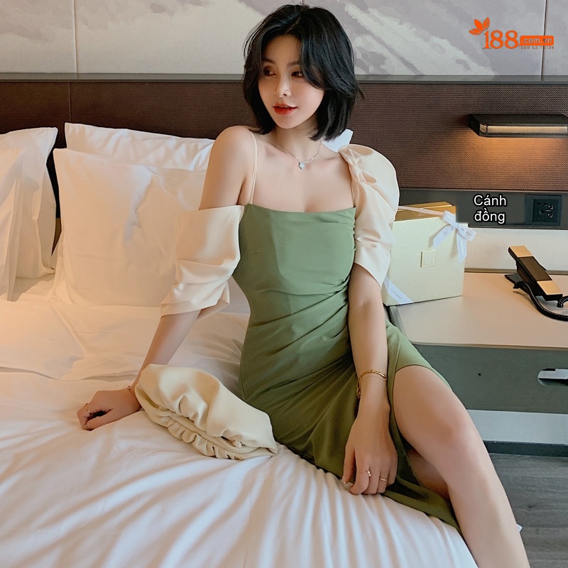Váy Đầm Dự Tiệc Nữ Tay Lửng Lệch Tông Màu Xanh Bơ, Trắng