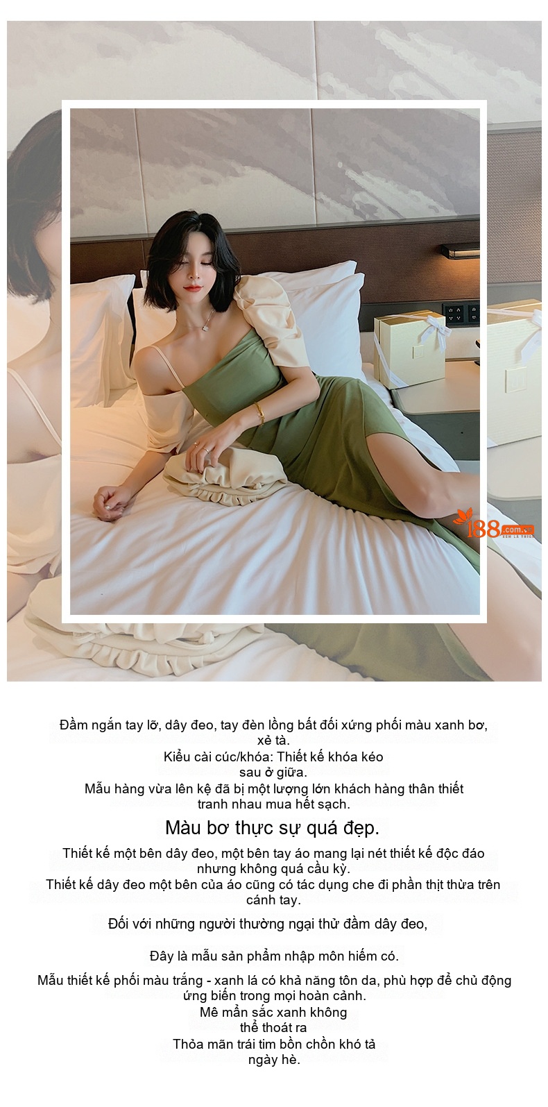 Váy Đầm Dự Tiệc Nữ Tay Lửng Lệch Tông Màu Xanh Bơ, Trắng chi tiết 1