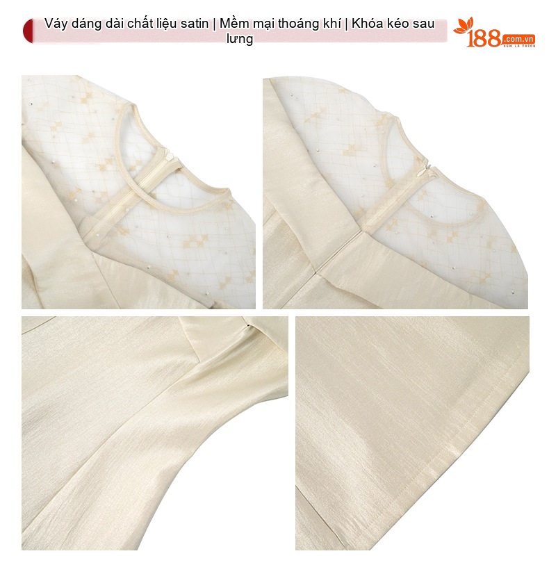 Váy Đầm Dự Tiệc Nữ Thiết Kế Cổ Tròn Tay Ngắn A Line Màu Kem chi tiết 3