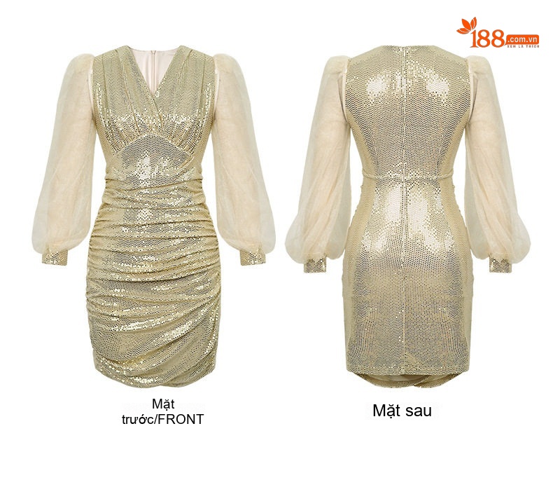 Váy Đầm Dự Tiệc Nữ V Cổ Tay Bồng Chất Liệu Lấp Lánh Ôm Body Màu Vàng chi tiết 4