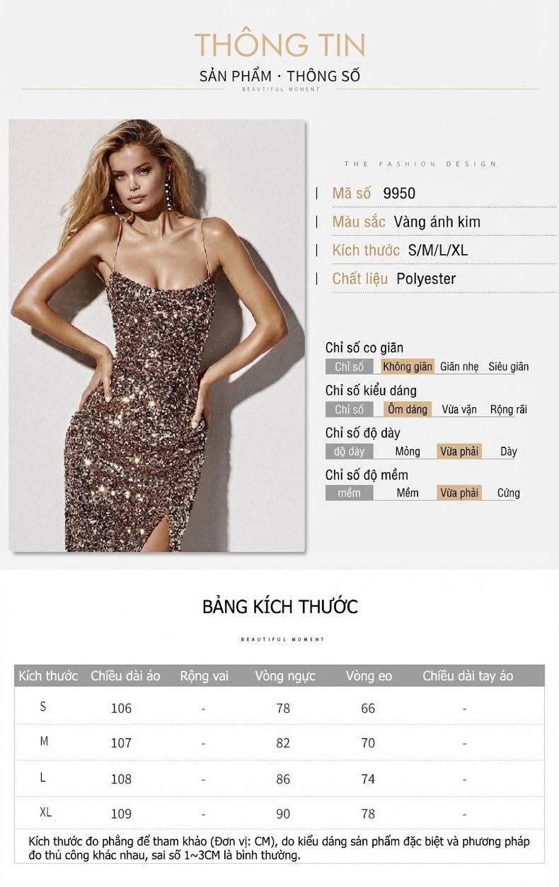 Váy Đầm Hai Dây Nữ Đính Kim Sa Lấp Lánh Xẻ Tà Dự Tiệc Màu Vàng Đồng chi tiết 1