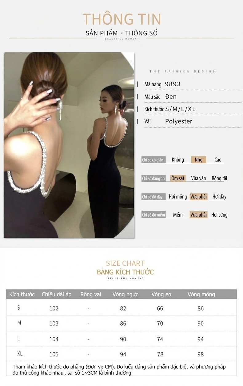 Váy Đầm Hai Dây Nữ Ôm Body Hở Lưng Đính Đá Sang Trọng Màu Đen chi tiết 1