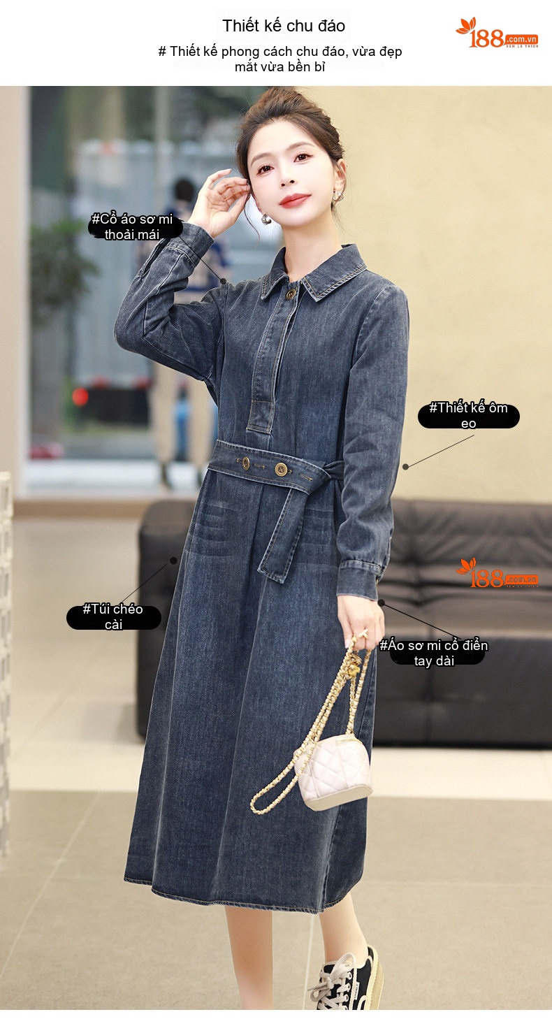 Váy Đầm Jean Nữ dáng chữ A, Thắt Eo Phong Cách Trẻ Trung Màu Xanh Denim chi tiết 2