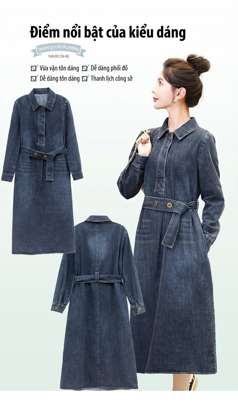 Váy Đầm Jean Nữ dáng chữ A, Thắt Eo Phong Cách Trẻ Trung Màu Xanh Denim chi tiết 5