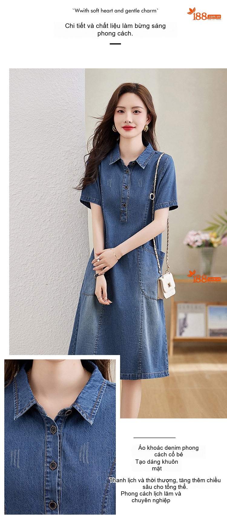 Váy Đầm Jean Nữ Dáng Suông Trung Dài Tay Ngắn Thoáng Mát Màu Xanh Jean chi tiết 4