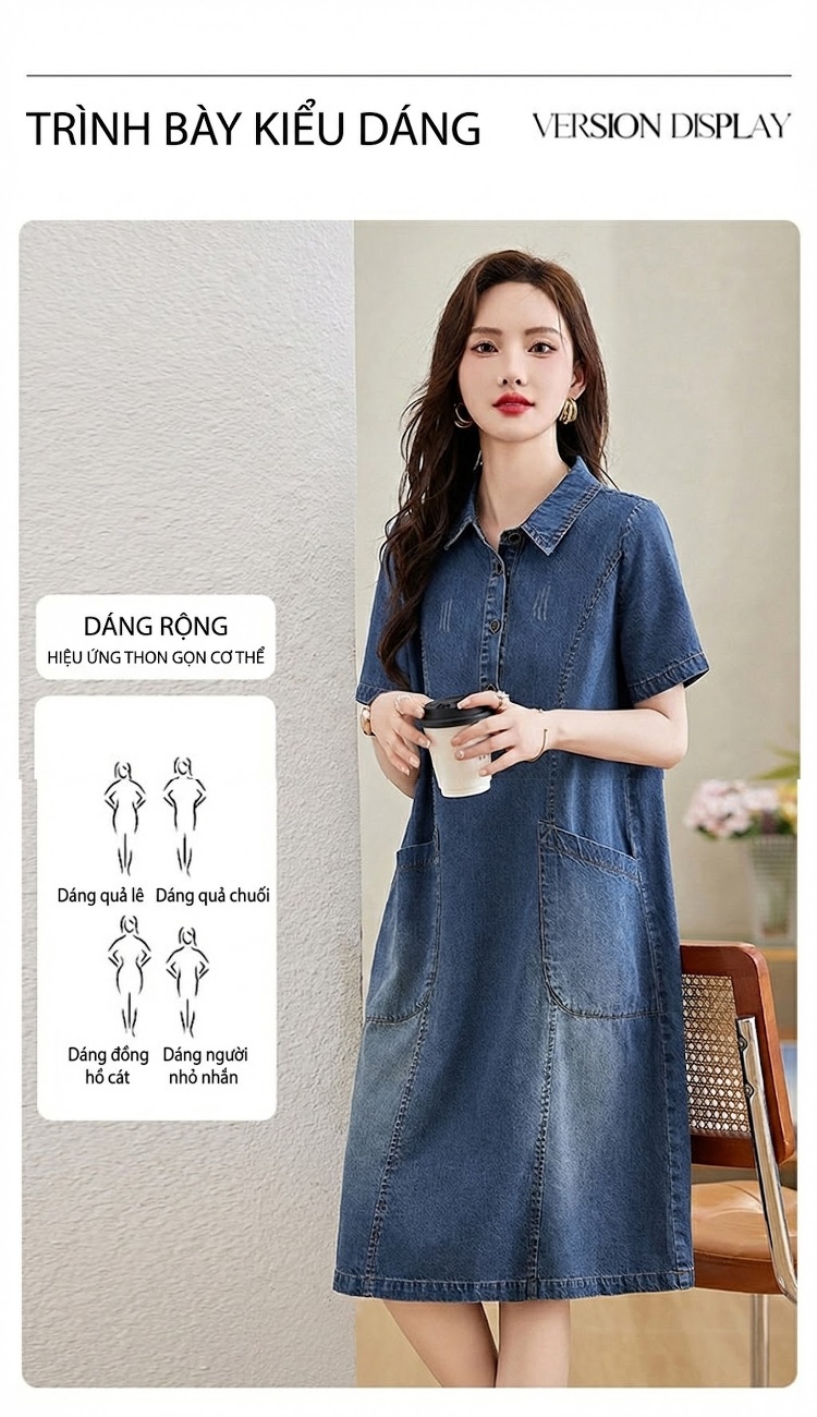 Váy Đầm Jean Nữ Dáng Suông Trung Dài Tay Ngắn Thoáng Mát Màu Xanh Jean chi tiết 7