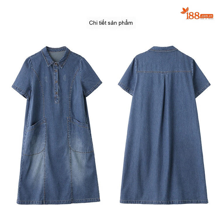 Váy Đầm Jean Nữ Dáng Suông Trung Dài Tay Ngắn Thoáng Mát Màu Xanh Jean chi tiết 18