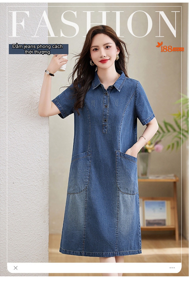 Váy Đầm Jean Nữ Dáng Suông Trung Dài Tay Ngắn Thoáng Mát Màu Xanh Jean chi tiết 1