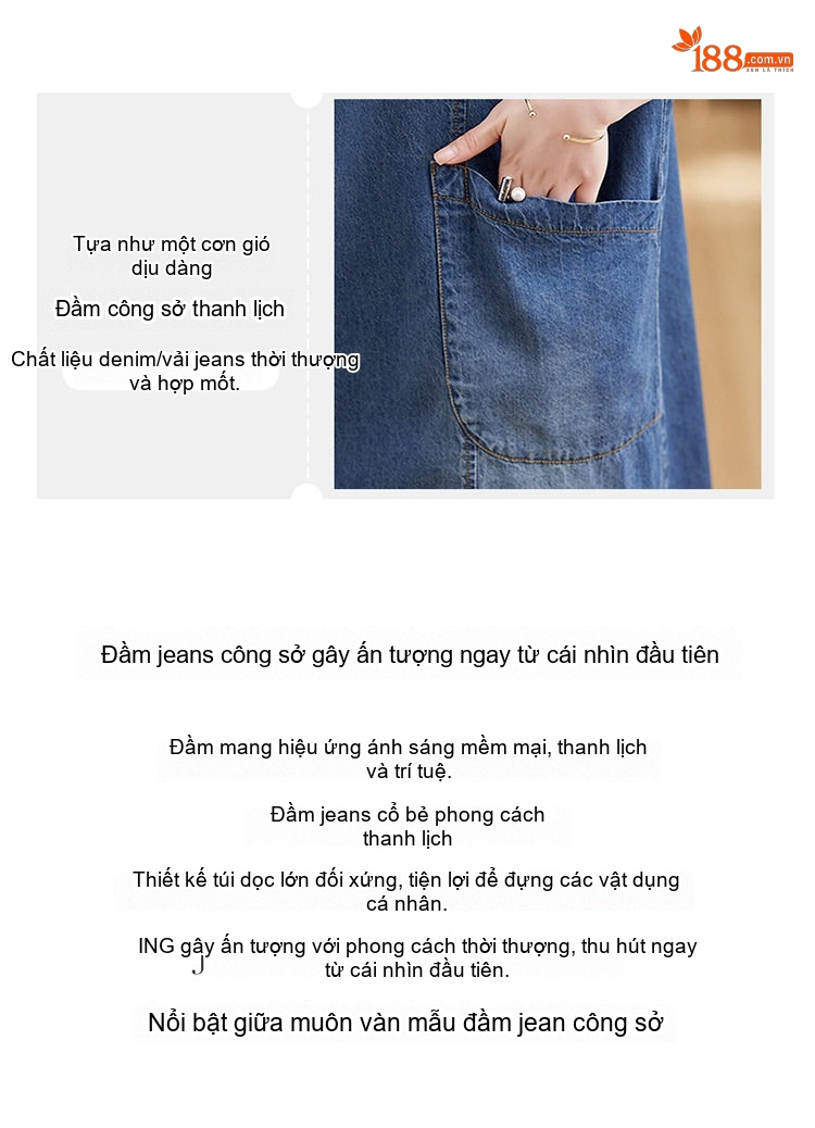 Váy Đầm Jean Nữ Dáng Suông Trung Dài Tay Ngắn Thoáng Mát Màu Xanh Jean chi tiết 2