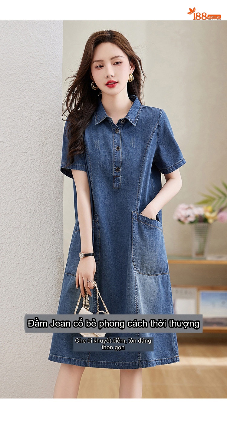 Váy Đầm Jean Nữ Dáng Suông Trung Dài Tay Ngắn Thoáng Mát Màu Xanh Jean chi tiết 3