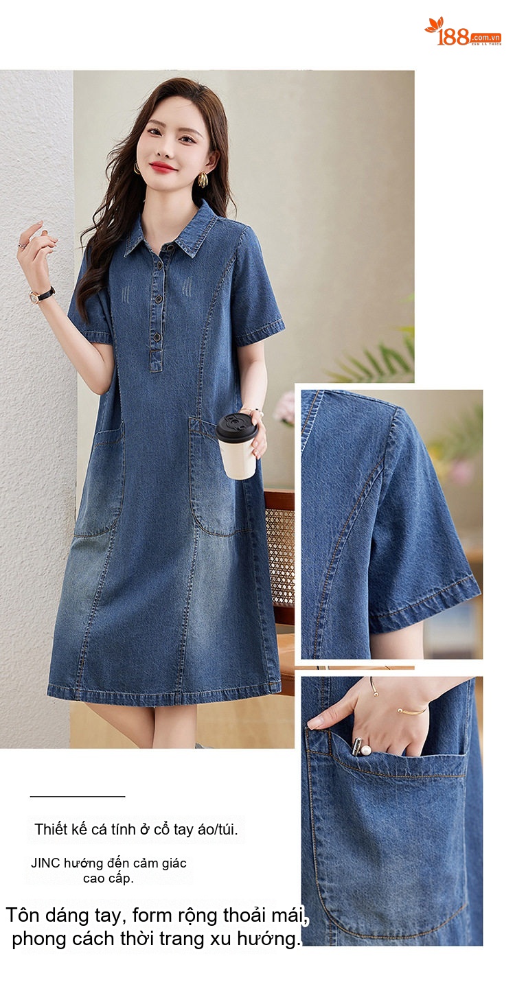 Váy Đầm Jean Nữ Dáng Suông Trung Dài Tay Ngắn Thoáng Mát Màu Xanh Jean chi tiết 5