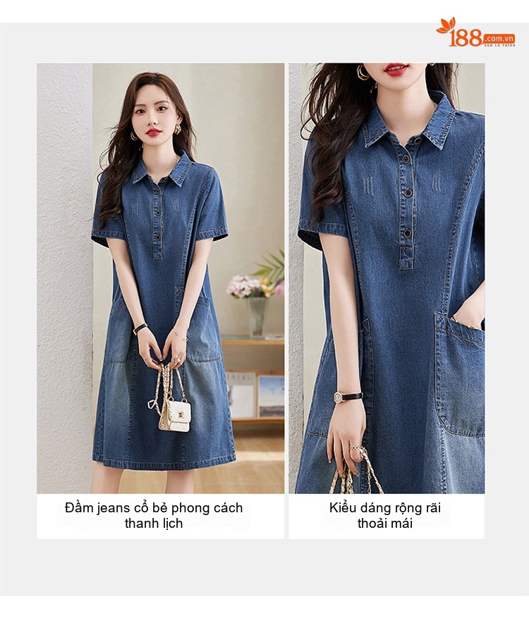 Váy Đầm Jean Nữ Dáng Suông Trung Dài Tay Ngắn Thoáng Mát Màu Xanh Jean chi tiết 6