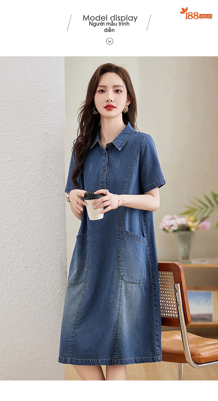 Váy Đầm Jean Nữ Dáng Suông Trung Dài Tay Ngắn Thoáng Mát Màu Xanh Jean chi tiết 11