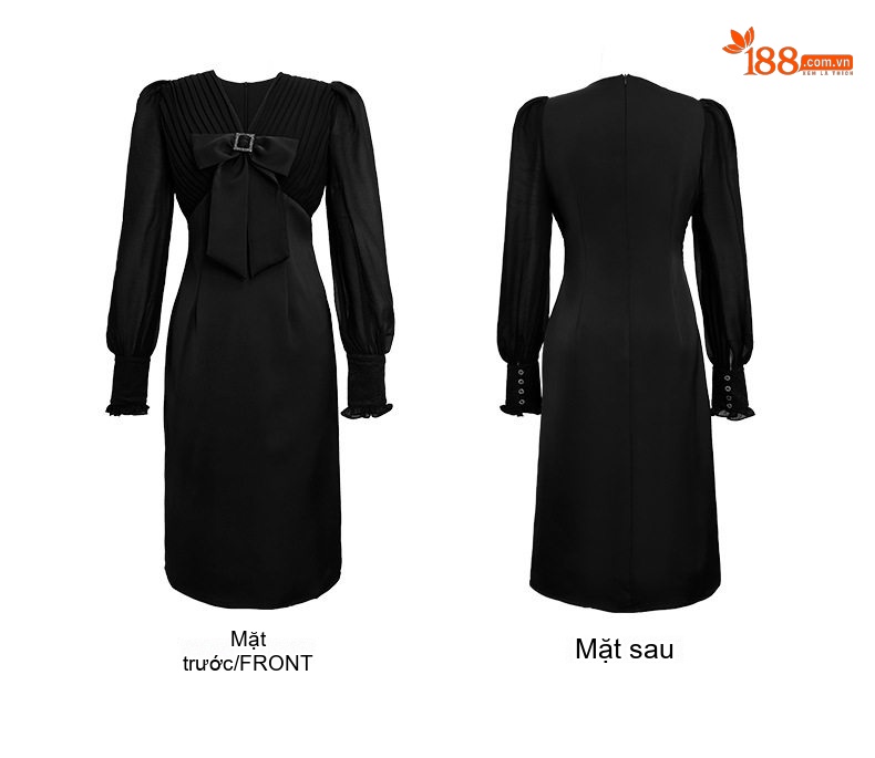 Váy Đầm Liền Nữ Thu Đông Cổ chữ V Nơ Eo Tay Dài Phong Cách Hepburn Màu Đen chi tiết 5