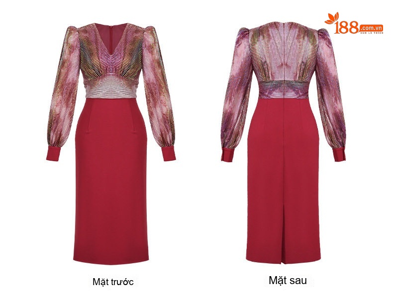 Váy Đầm Liền Nữ V Cổ Tay Dài Thiết Kế Giả Hai Mảnh Ôm Hông Màu Cam, Hồng, Vàng chi tiết 7
