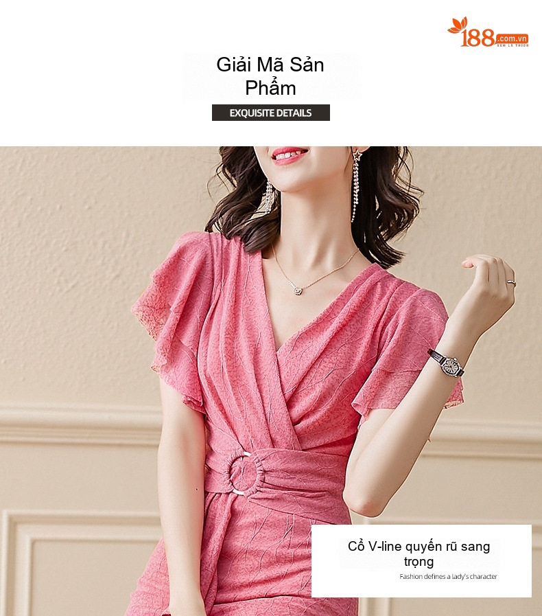 Váy Đầm Midi Tay Ngắn Cổ Chữ V Chiết Eo Dáng Dài Phong Cách Pháp Màu Hồng, Xanh chi tiết 4