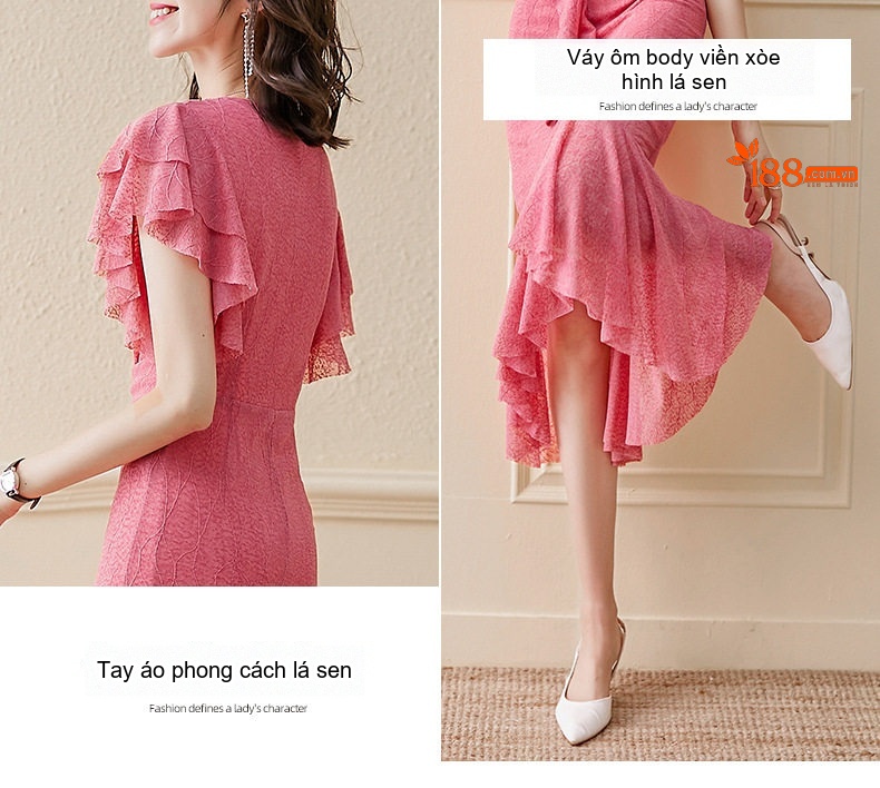 Váy Đầm Midi Tay Ngắn Cổ Chữ V Chiết Eo Dáng Dài Phong Cách Pháp Màu Hồng, Xanh chi tiết 6