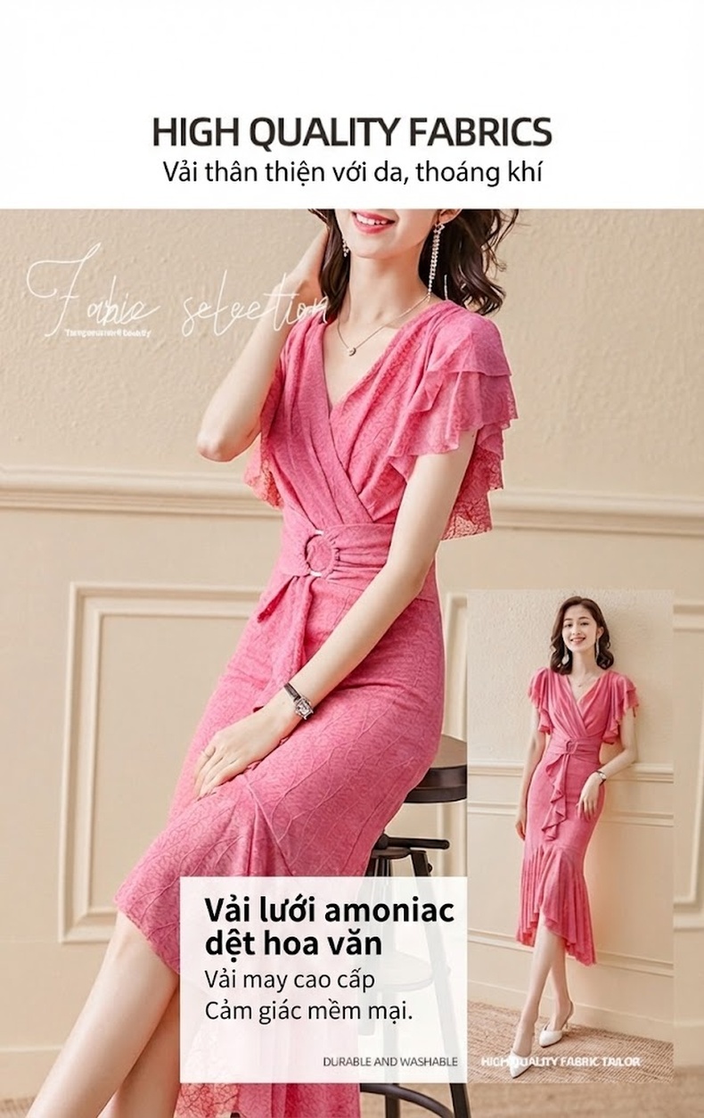 Váy Đầm Midi Tay Ngắn Cổ Chữ V Chiết Eo Dáng Dài Phong Cách Pháp Màu Hồng, Xanh chi tiết 7