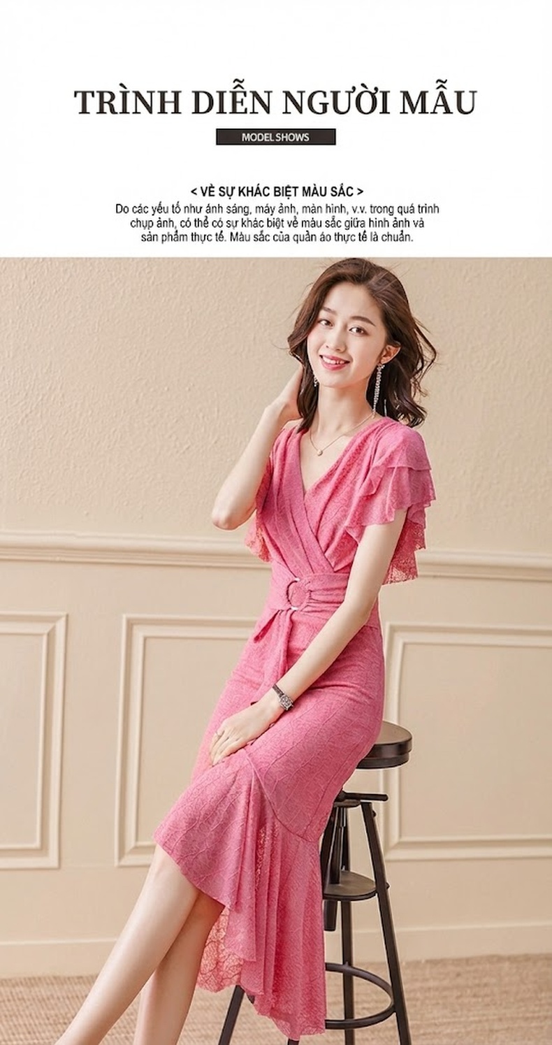 Váy Đầm Midi Tay Ngắn Cổ Chữ V Chiết Eo Dáng Dài Phong Cách Pháp Màu Hồng, Xanh chi tiết 8
