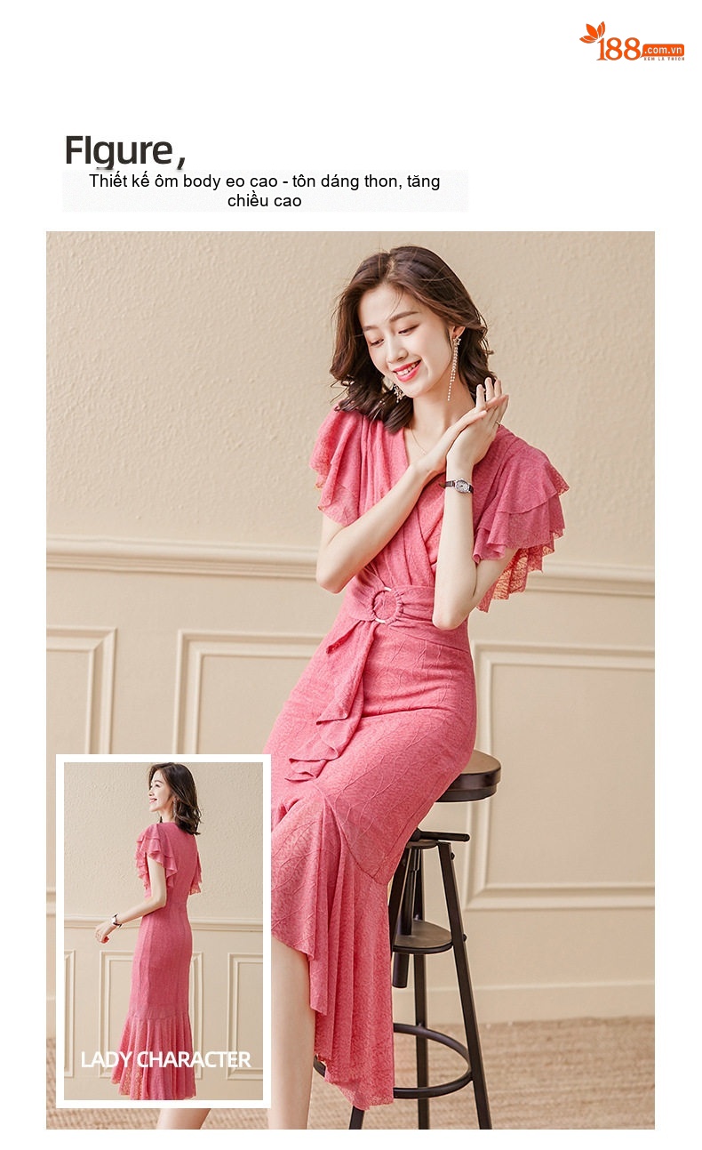 Váy Đầm Midi Tay Ngắn Cổ Chữ V Chiết Eo Dáng Dài Phong Cách Pháp Màu Hồng, Xanh chi tiết 2