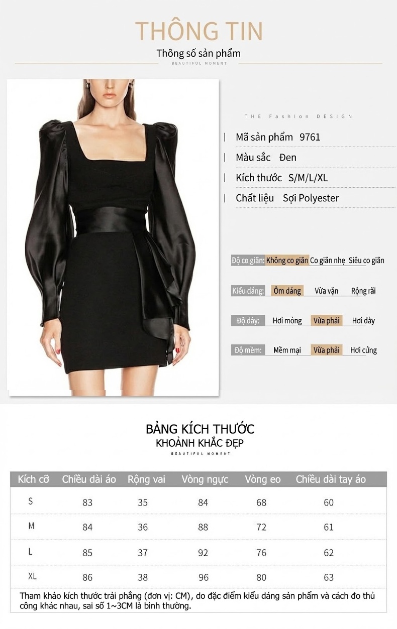 Váy Đầm Ngắn Tay Bồng Phong Cách Hepburn Chất Liệu Vải Màu Đen chi tiết 1
